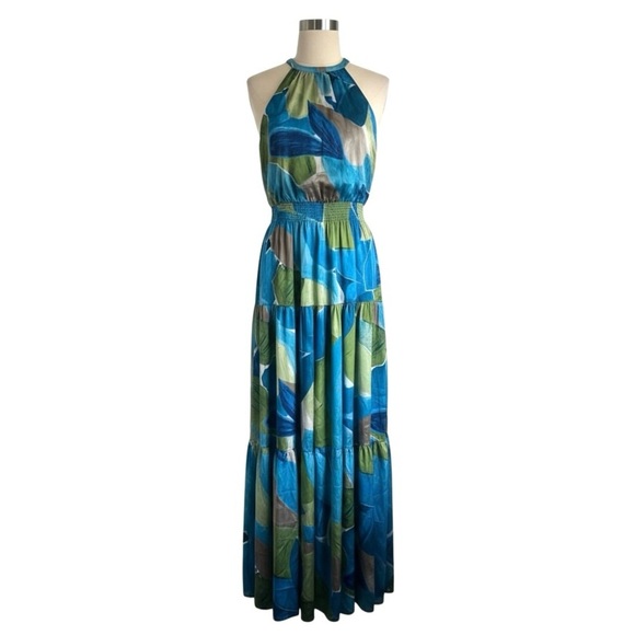 Nicole Miller Halter Maxi Dress Wedding Guest Resortwear Vacation Blue  Green M - mordernwear.com